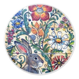 Folklore Art Rabbit Floral Tile Farben Südwesten   Keramikknauf