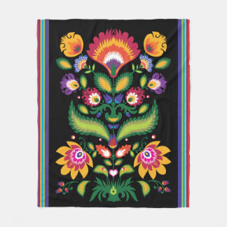 Folklore-Blume, Farbmix 2 auf schwarz Fleecedecke