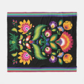 Folklore-Blume, Farbmix 2 auf schwarz Fleecedecke (Vorderseite (Horizontal))