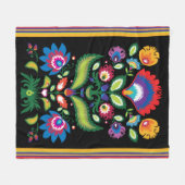 Folklore-Blume, Farbmix 5 auf schwarz Fleecedecke (Vorderseite (Horizontal))