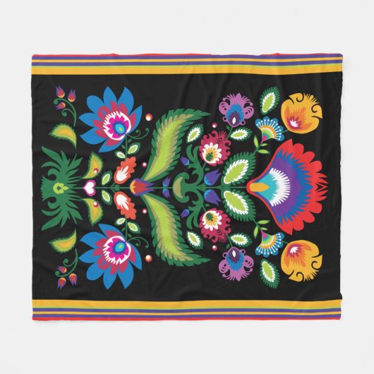 Folklore-Blume, Farbmix 5 auf schwarz Fleecedecke (Vorderseite (Horizontal))