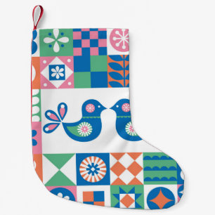 Folklore-Blumenkarte: Skandinavisches Design. Kleiner Weihnachtsstrumpf