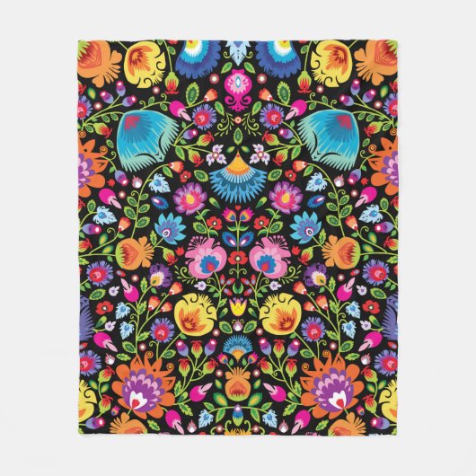 Folklore Flowers Wycinanki black Fleecedecke (Vorderseite)