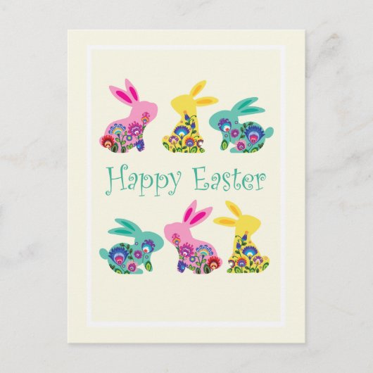 Folklore Happy Oaster Bunnies gelb Postkarte (Vorderseite)