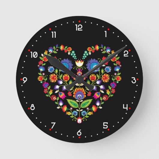 Folklore-Herz, Wycinanki-Stil Runde Wanduhr (Vorderseite)