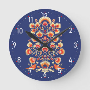 💙 💛 🧡 Folklore mit gelben Blumen und Vög Runde Wanduhr