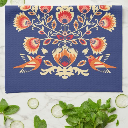 💙 💛 🧡 Folklore mit gelben Blumen und Vögeln Geschirrtuch (Gefaltet)