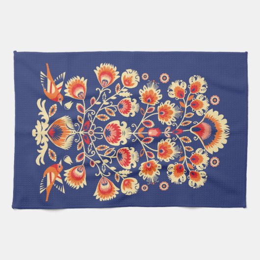 💙 💛 🧡 Folklore mit gelben Blumen und Vögeln Geschirrtuch (Horizontal)