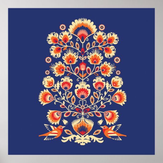 💙 🧡 Folklore mit gelben Blumen und Vögeln Poster (Vorne)