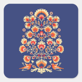 💙 🧡 Folklore mit gelben Blumen und Vögeln Quadratischer Aufkleber