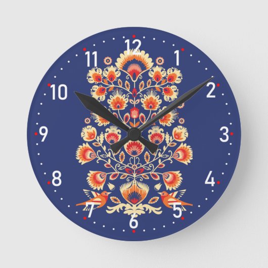 💙 🧡 Folklore mit gelben Blumen und Vögeln Runde Wanduhr (Vorderseite)