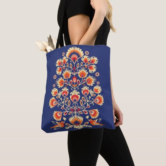 💙 🧡 Folklore mit gelben Blumen und Vögeln Tasche (Von Nahem)