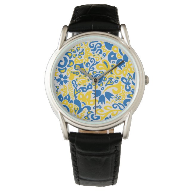 Folklore-Muster mit ukrainischen Flaggenfarben Armbanduhr (Vorderseite)