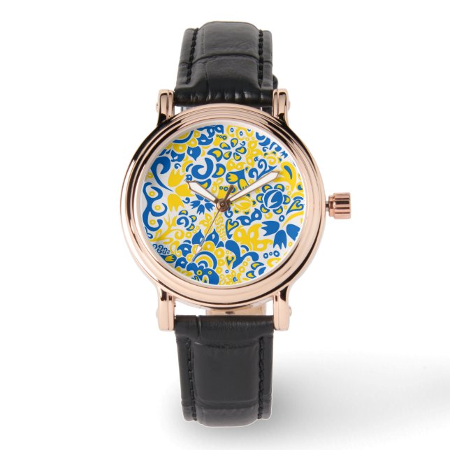 Folklore-Muster mit ukrainischen Flaggenfarben Armbanduhr (Vorderseite)