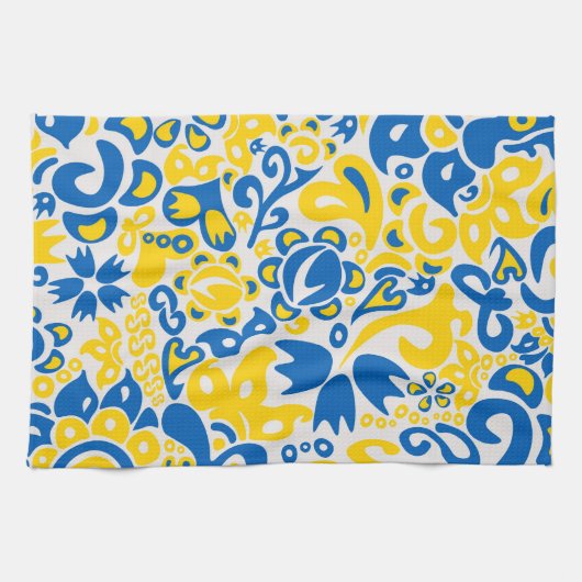 Folklore-Muster mit ukrainischen Flaggenfarben Geschirrtuch (Horizontal)