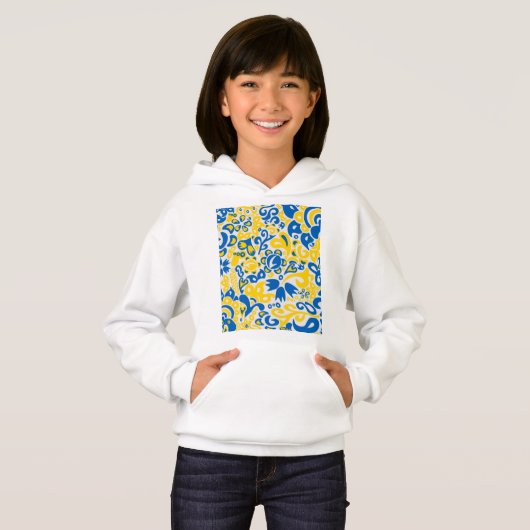 Folklore-Muster mit ukrainischen Flaggenfarben Hoodie (Vorne ganz)