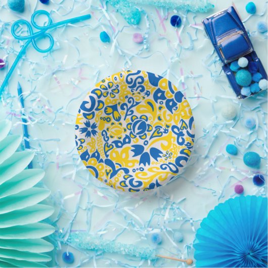 Folklore-Muster mit ukrainischen Flaggenfarben Pappteller (Party)