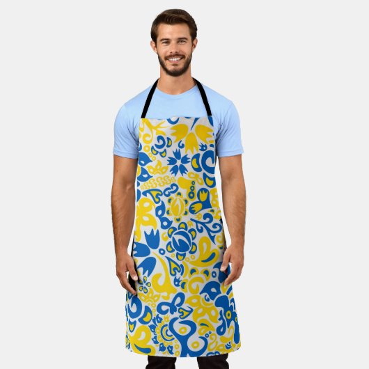 Folklore-Muster mit ukrainischen Flaggenfarben Schürze (Getragen)