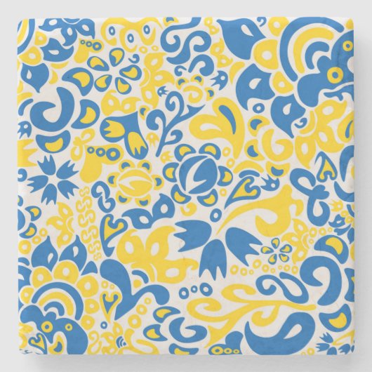 Folklore-Muster mit ukrainischen Flaggenfarben Steinuntersetzer (Vorderseite)