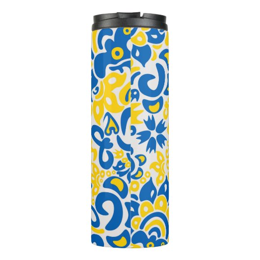 Folklore-Muster mit ukrainischen Flaggenfarben Thermosbecher (Rückseite)