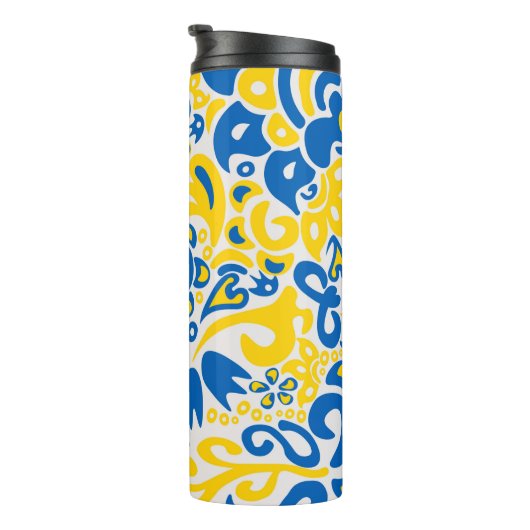 Folklore-Muster mit ukrainischen Flaggenfarben Thermosbecher (Nach rechts gedreht)