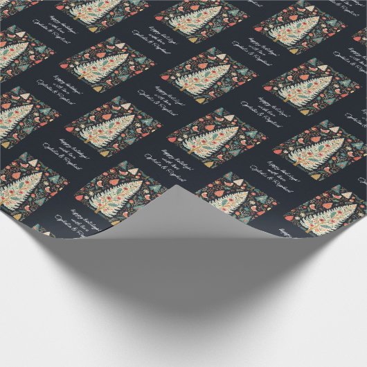 Folklore Muster Weihnachtsbaum Vögel Florals Name Geschenkpapier (Ecke)