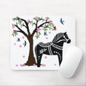 Folklore, Schwarz/Weiß-Dala-Pferd, Folk Bird/Blume Mousepad (Mit Mouse)