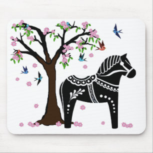 Folklore, Schwarz/Weiß-Dala-Pferd, Folk Bird/Blume Mousepad