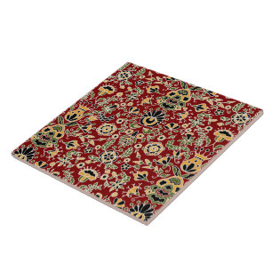 Folklore Stickerei Gelb, Grün, Schwarz auf tiefrot Fliese