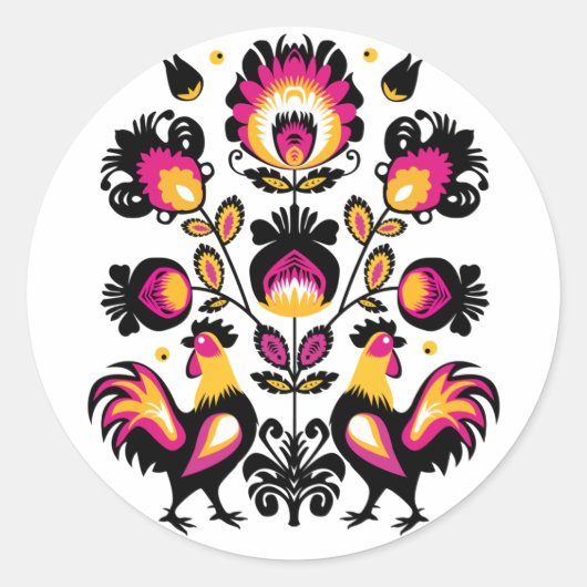 Folklore with black, pink and yellow roosters runder aufkleber (Vorderseite)