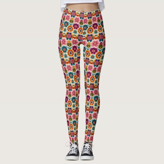 Folklorekunst Blume Retro Bohemisches Blumenmuster Leggings (Vorderseite)