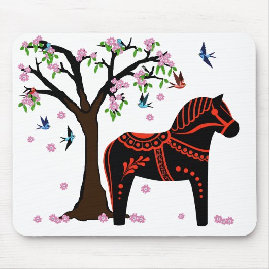 Folkloreschwarz/rot Dalapferd, Folk Bird/Blume Mousepad (Vorne)