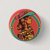 Folkloric Cowgirl Button Pin – Retro Profile Desig (Vorderseite)