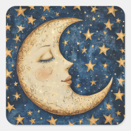 Folksy Celestial Moon Quadratischer Aufkleber