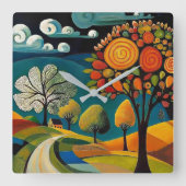 Folksy Country Scene Quadratische Wanduhr (Vorderseite)