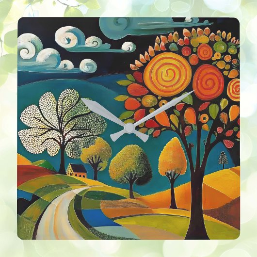 Folksy Country Scene Quadratische Wanduhr