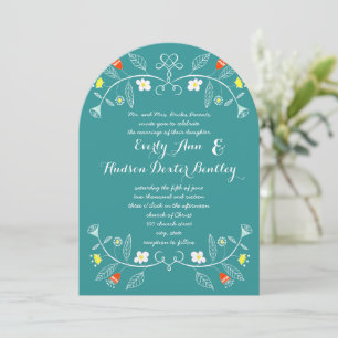 Folksy Forest Mint Aquamarin Orange Floral Wedding Einladung