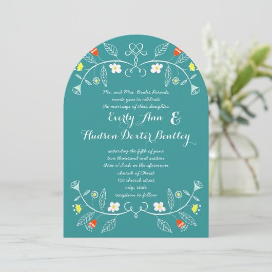 Folksy Forest Mint Aquamarin Orange Floral Wedding Einladung (Stehend Vorderseite)