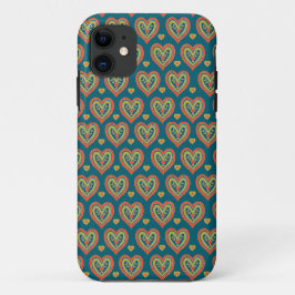Folksy Red and Green Romantic Hearts on Dark Aquam iPhone 11 Hülle