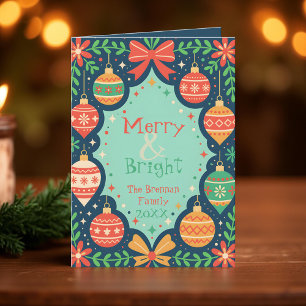 Folksy Retro Ornamente Merry & Bright Holiday Karte