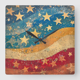 Folksy US Flagge Quadratische Wanduhr