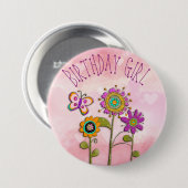 Folksy Whimsical Floral Birthday Girl Button (Vorne & Hinten)