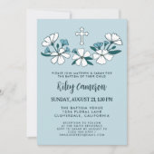 Folksy White Blue Flowers Boy Taufe Einladung (Vorderseite)