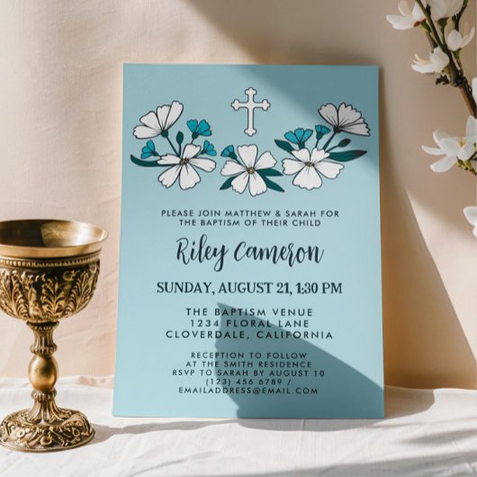 Folksy White Blue Flowers Boy Taufe Einladung