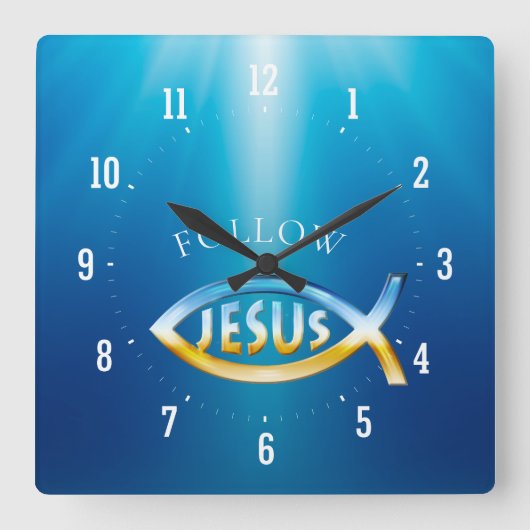 Follow Jesus - Christian Fish Symbol Quadratische Wanduhr (Vorderseite)