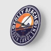 Folly Beach SC Souvenirs Retro Sunset Pier 60er Runde Wanduhr (Winkel)