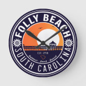Folly Beach SC Souvenirs Retro Sunset Pier 60er Runde Wanduhr (Vorderseite)