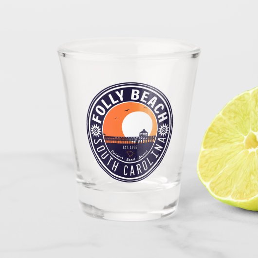 Folly Beach SC Souvenirs Retro Sunset Pier 60er Schnapsglas (Vorderseite)