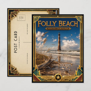 Folly Beach South Carolina Vintage Art Deco Golden Postkarte
