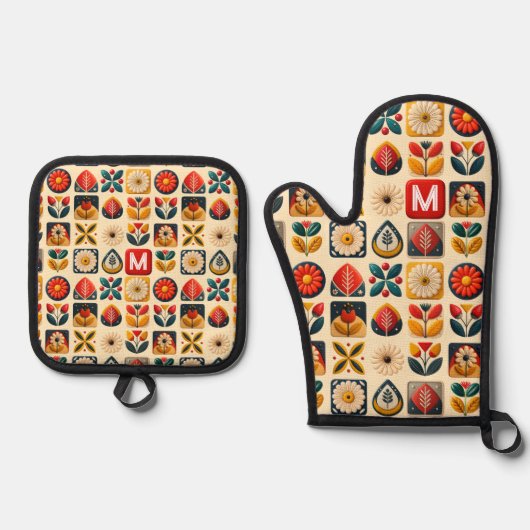 Folter Retro Floral - Personalisiertes Monogramm Ofenhandschuh & Topflappen-Set (Vorderseite)